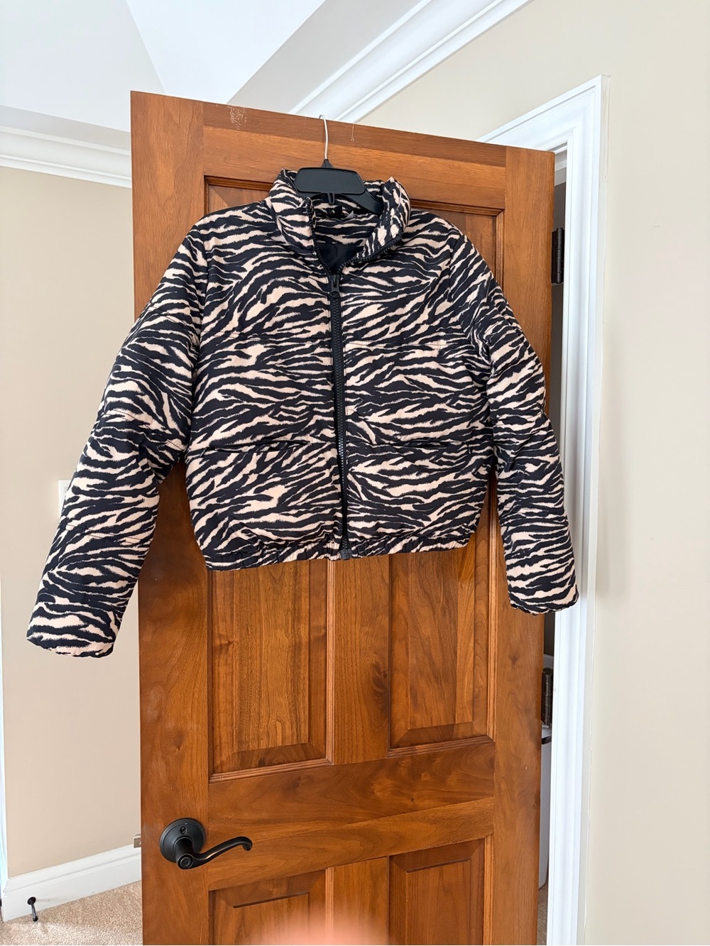 Divided Zebra Print Puffer Jacket in Black and Cream